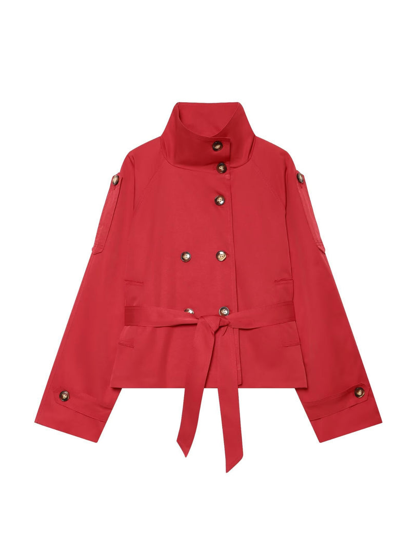 Solid Stand Collar Belted Jacket Women Long Sleeve N6G165