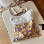 Load image into Gallery viewer, Lace Trim Floral Tote Bag Women Book Bag N6E035
