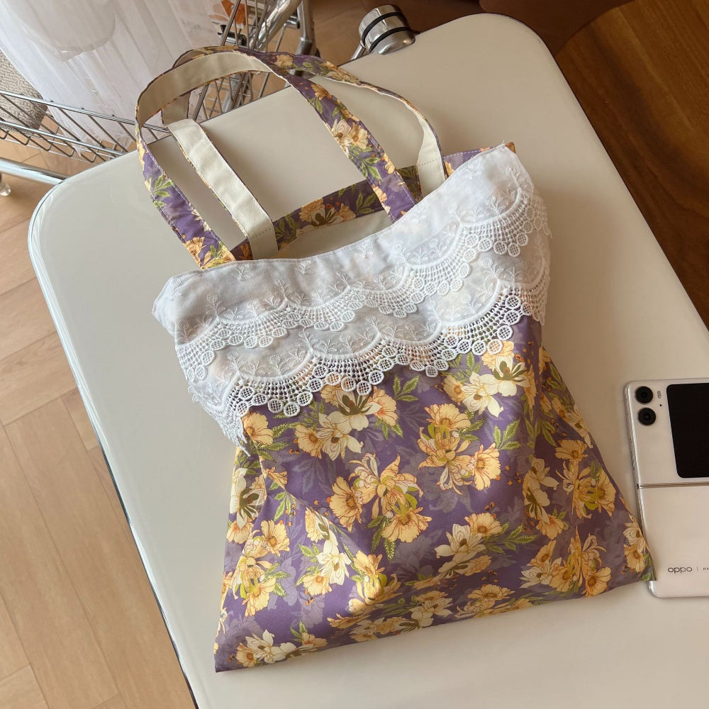Lace Trim Floral Tote Bag Women Book Bag N6E035