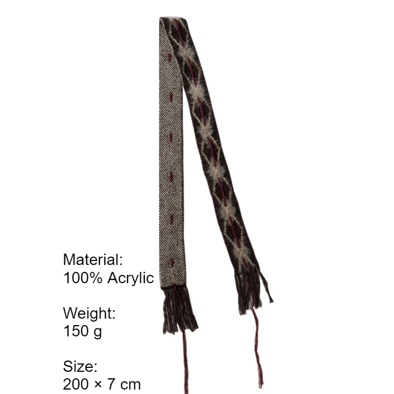 Hand-Threaded Diamond Knit Skinny Scarf Brushed Coffee N6H225