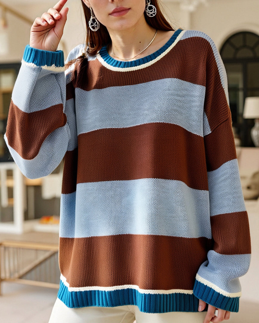 Color-Block Striped Loose Pullover Sweater Women N6H304