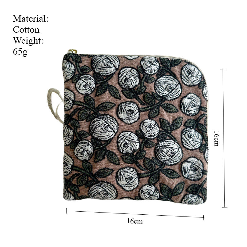 Embroidered Cotton Square Pouch L-Zipper Organizer S5P286