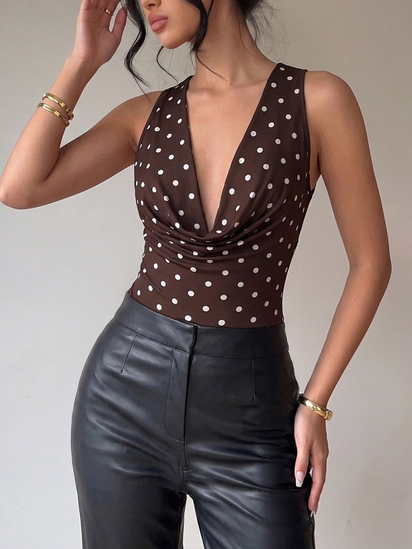 Retro Polka Dot Cowl Neck Deep V Bodysuit N6F008