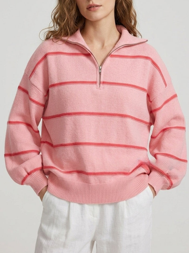 Striped Zip-Up Knit Pullover Women Round Neck N6G180