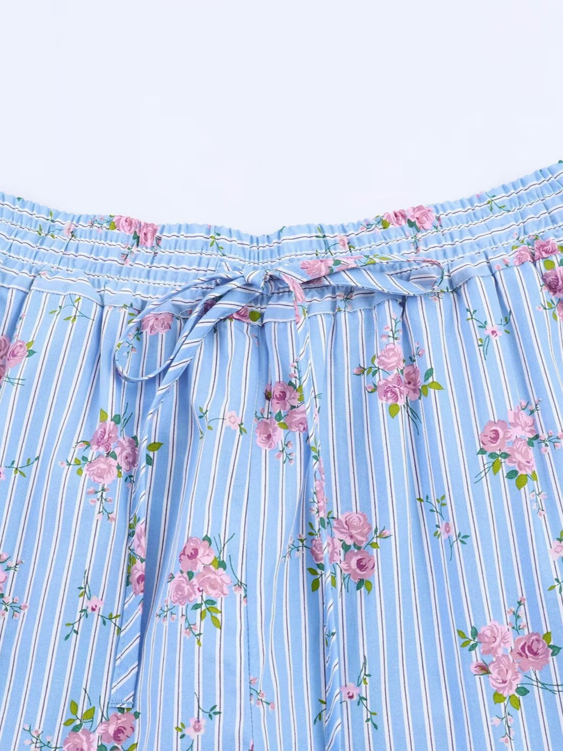 Blue Floral Notched Collar Sleeveless Blouse Shorts  N6F211