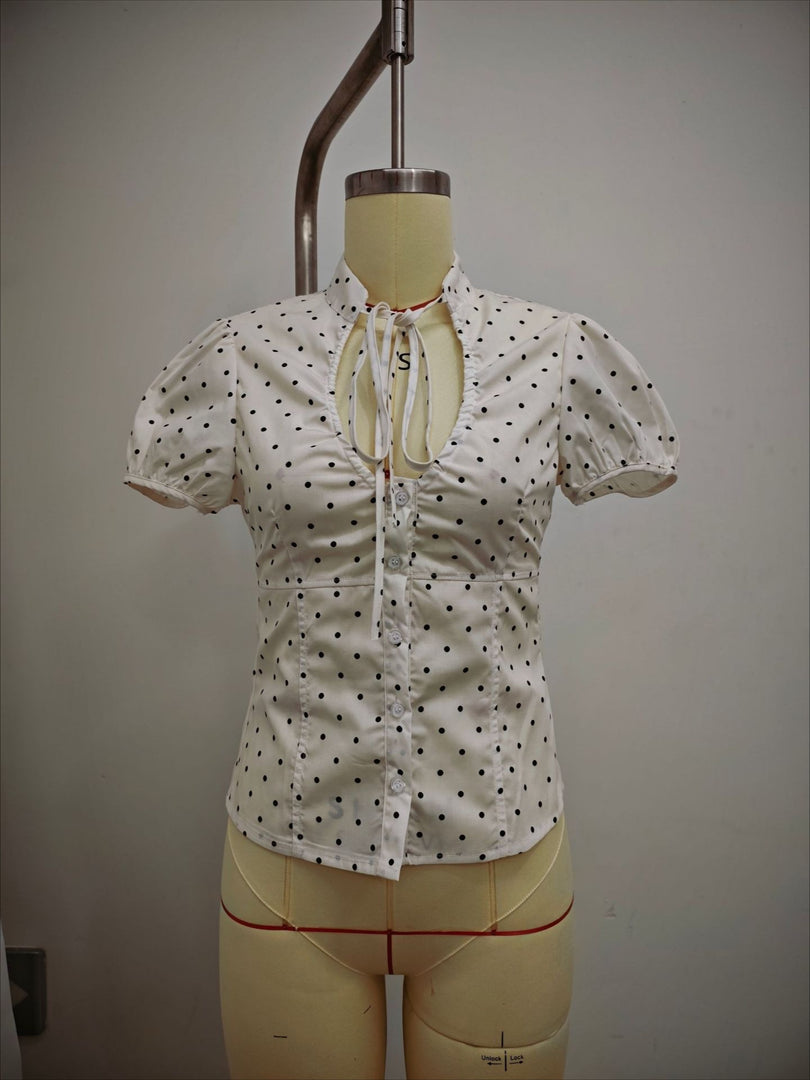 Polka Dot Tie Waist Short Sleeve Shirt Women N6E149