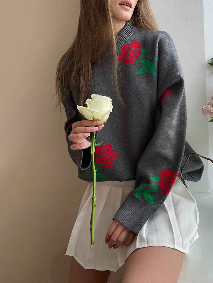 Rose Round Sweater Mid Weight Pink Black Gray N5Z843