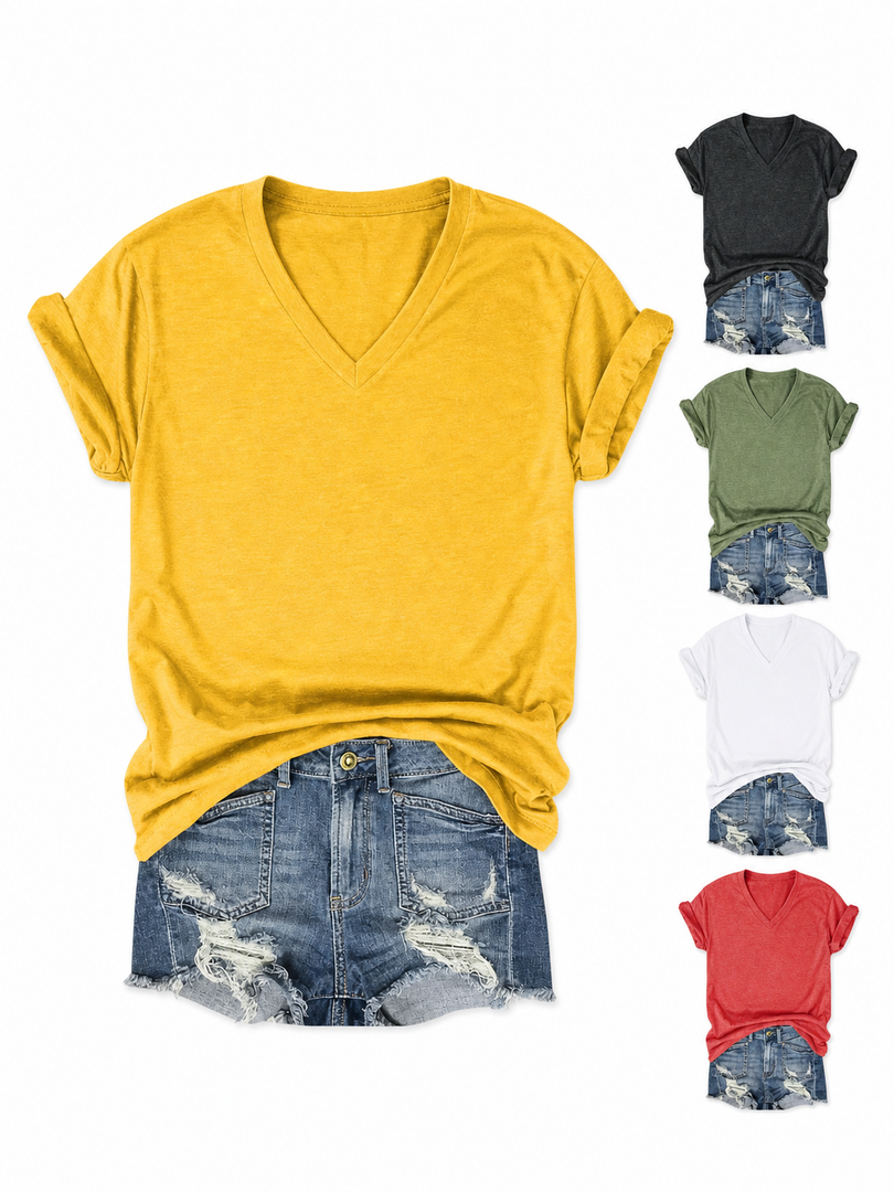 Minimalist Solid Color V-Neck T-Shirt Women N6E140