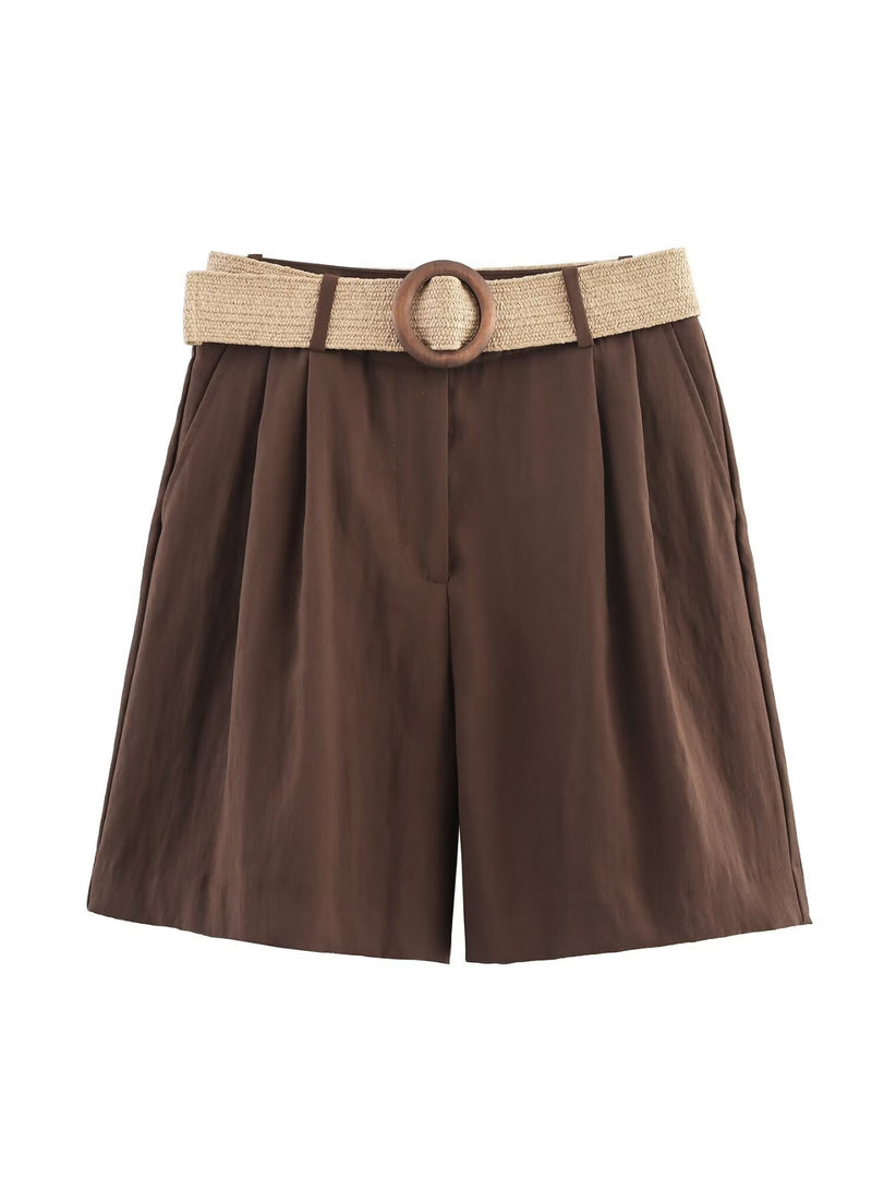 Belted Straight Leg Casual Shorts Women N6F014