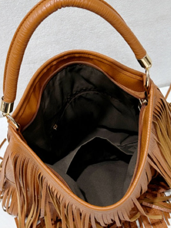 Soft Leather Double-Sided Fringe Tote Bag Women N6C222