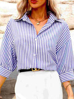 Load image into Gallery viewer, Blue Striped Mid Length Sleeve Blouse Women Vacation N6F229