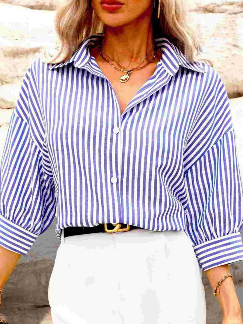 Blue Striped Mid Length Sleeve Blouse Women Vacation N6F229
