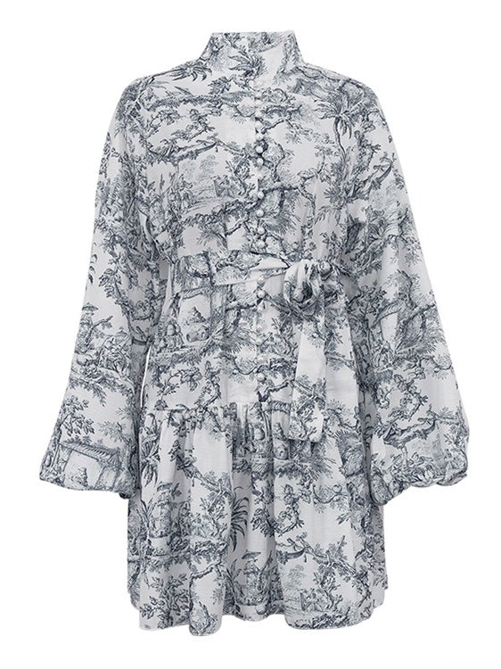 Ink Print Puff Sleeve Stand Collar A-line Dress Women N6C190