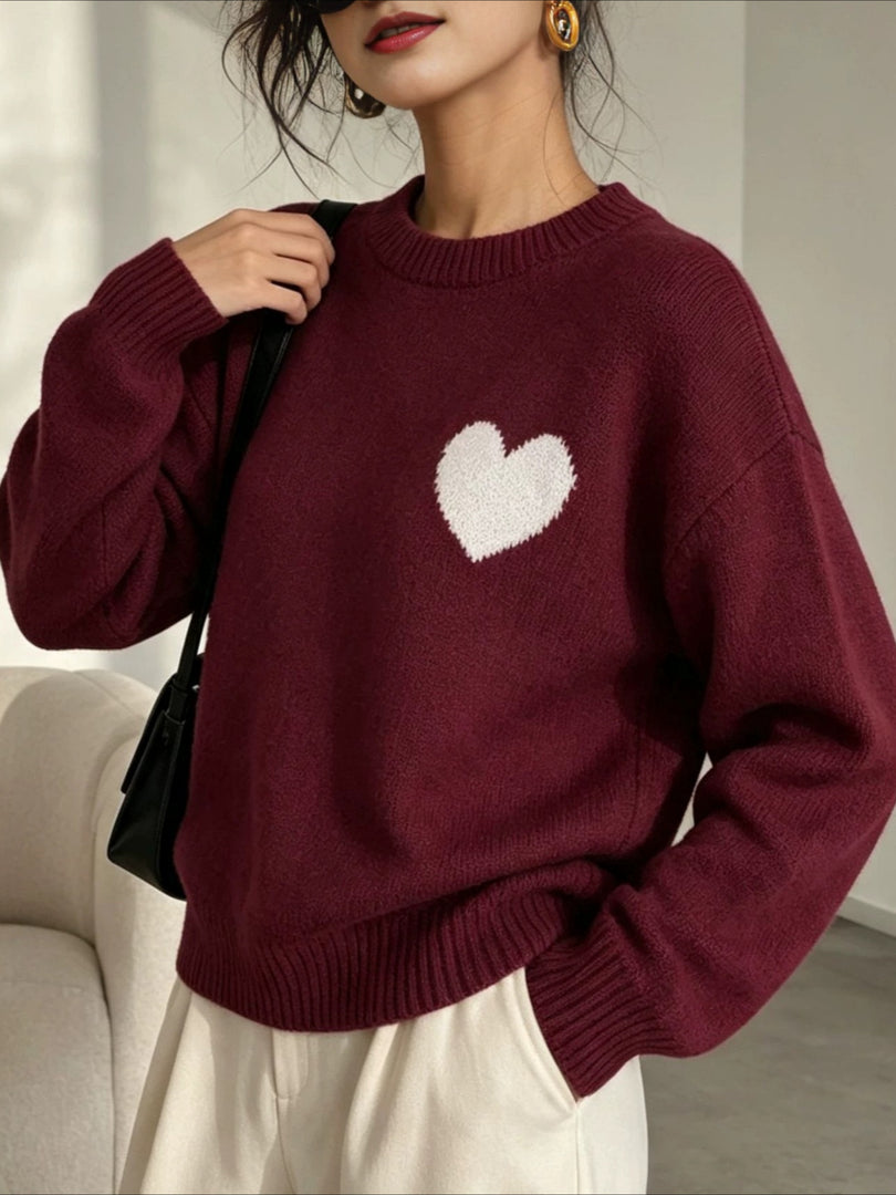 Heart Jacquard Round Neck Loose Pullover Sweater N6H286