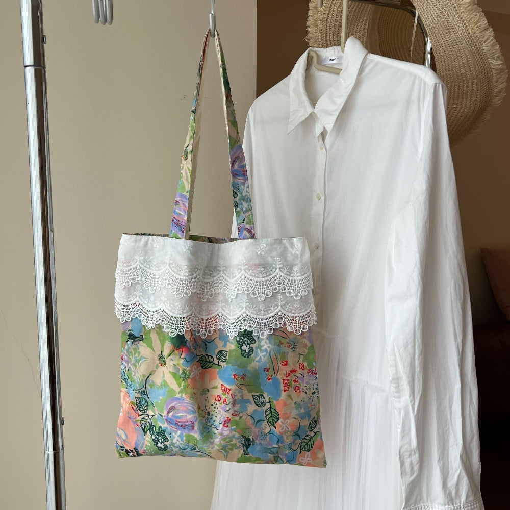 Lace Trim Floral Tote Bag Women Book Bag N6E035