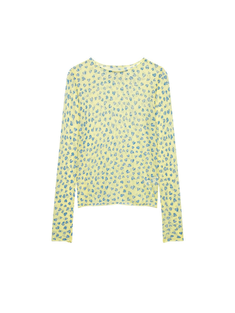 Sheer Heart Print Crop Knit Top Green Women N6G152
