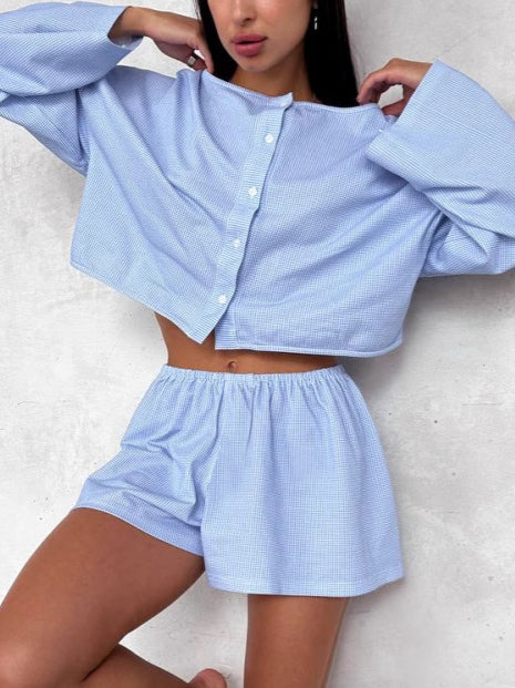 Check Cardigan Wide Short Set Ultra Light Blue N5Z648