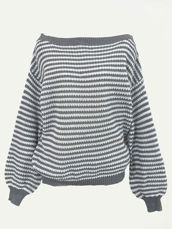 Off-Shoulder Striped Knit Pullover Women Loose Fit N6G299