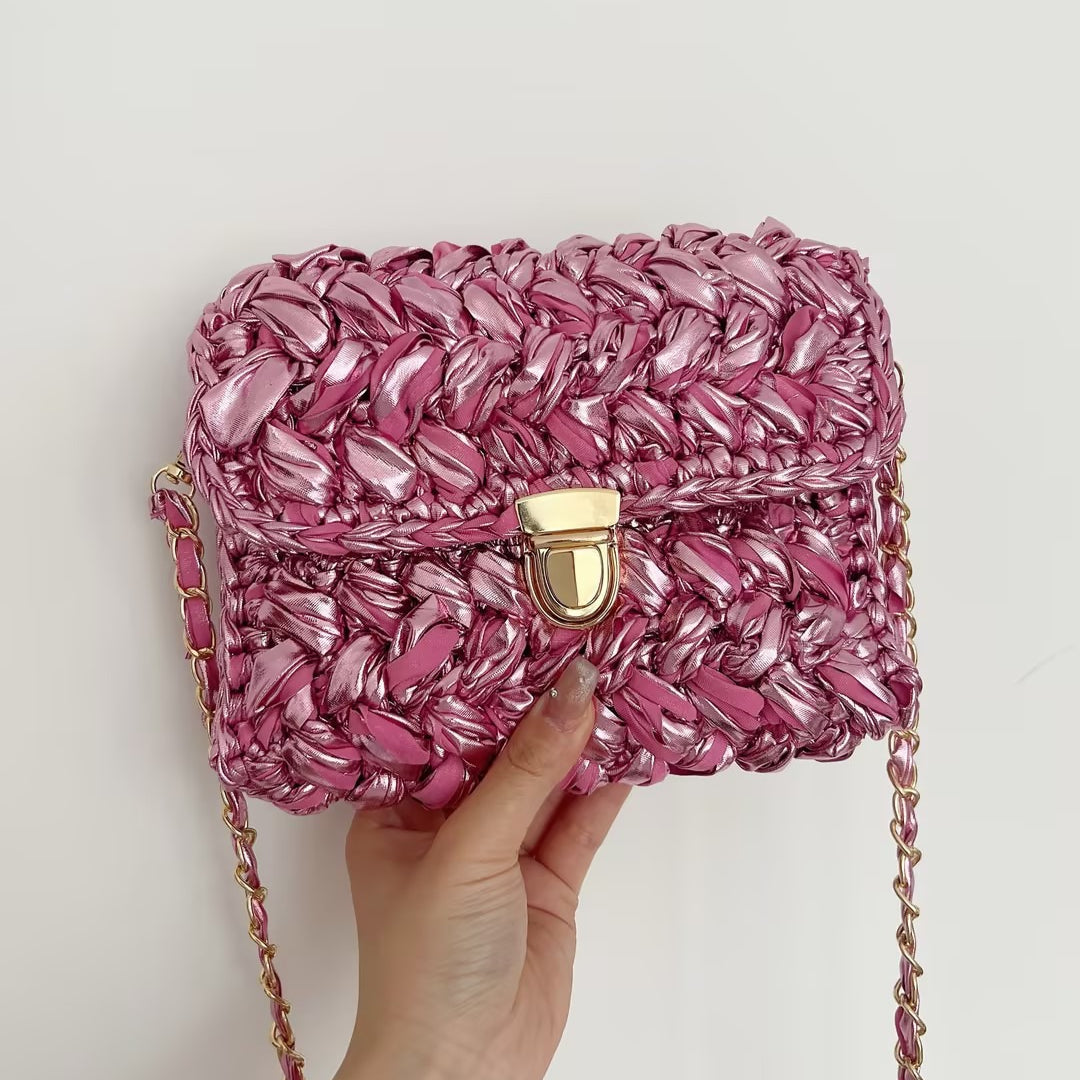 Handwoven Metallic Shiny Crossbody Bag Lock Closure N6F088