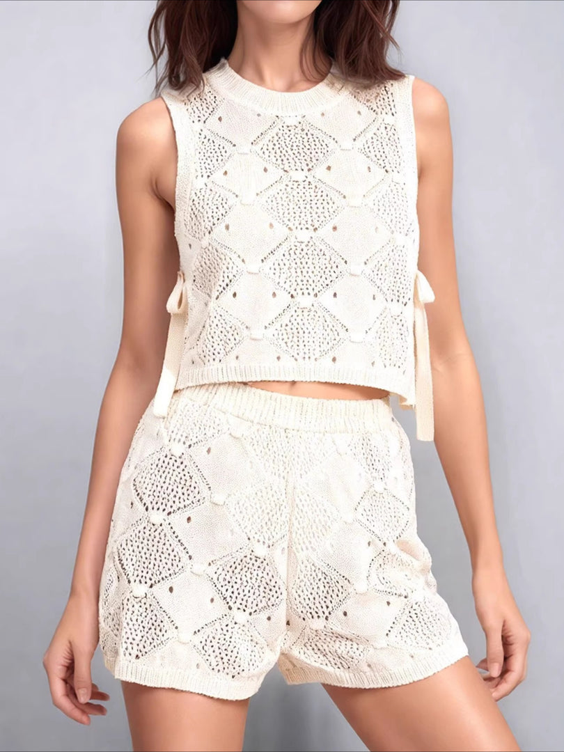 Openwork Knit Sleeveless Vest and Shorts Set Women N6C329