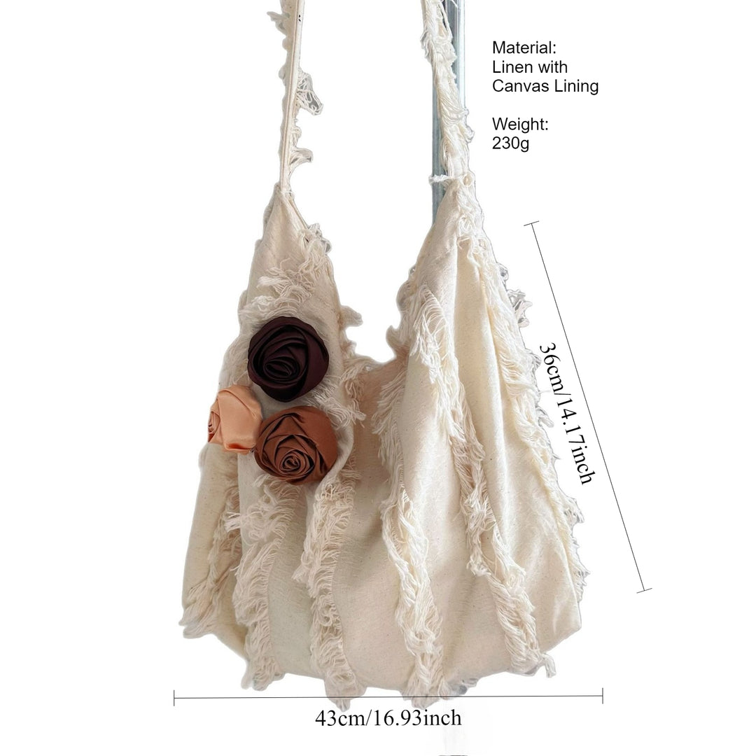 Linen Jacquard Crossbody Bag Rose Ruffle Tassel N6F101