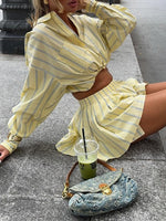 Load image into Gallery viewer, Striped Lapel Shirt and Shorts Set Women N6D109