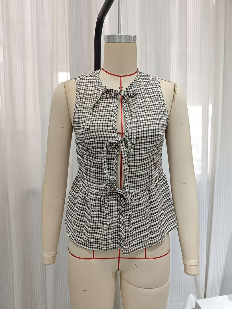 Plaid Sleeveless Vest with Tie Front Women N6E174