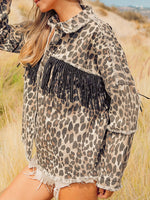 Load image into Gallery viewer, Fringe Leopard Denim Jacket Women Washed N5A118
