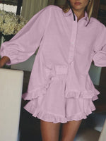 Load image into Gallery viewer, Striped Puff Sleeve Lapel Shirt and Shorts Set Women N6C188