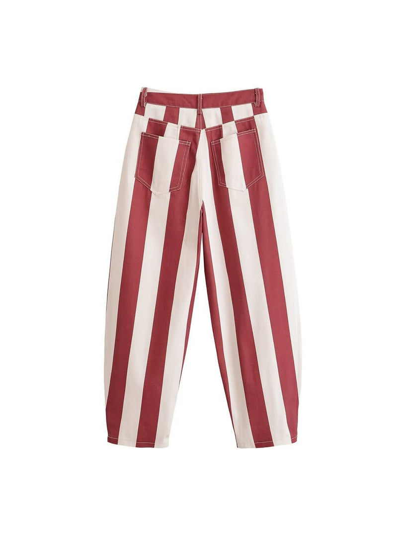 High Waist Slimming Stripe Tapered Jeans Red White N6H131