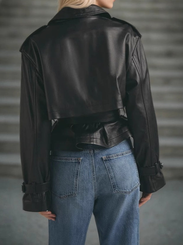 PU Leather Belted Short Jacket Street Style Slim Fit N6G179