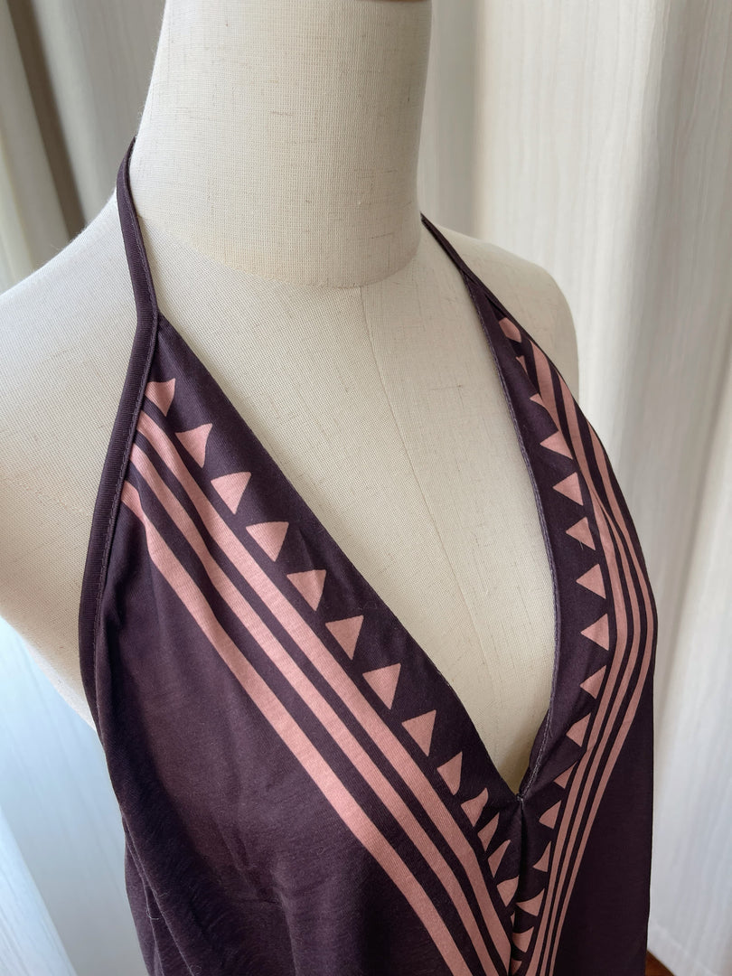 Brown Deep V Halter Backless Mini Dress Beach N6F261