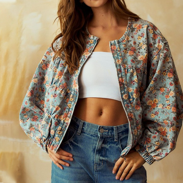 Floral Print Washed Denim Jacket Oversized N5A111