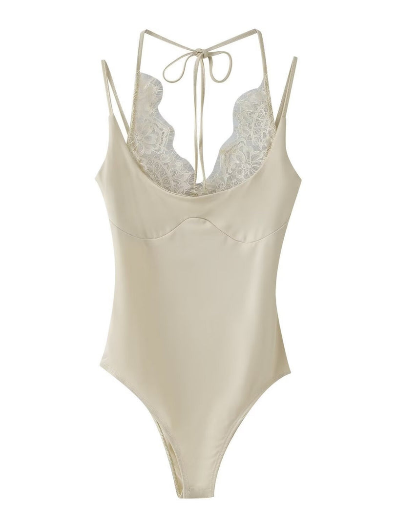 Lace Panel Halter Neck Bodysuit N6F015