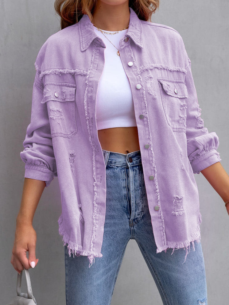 Distressed Denim Jacket Mid Length Raw Hem  N5Z166