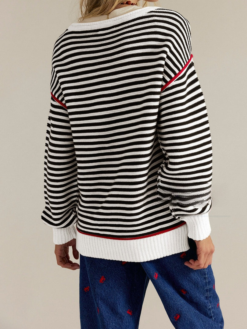 Striped Round Neck Oversized Knit Pullover Women N6G188