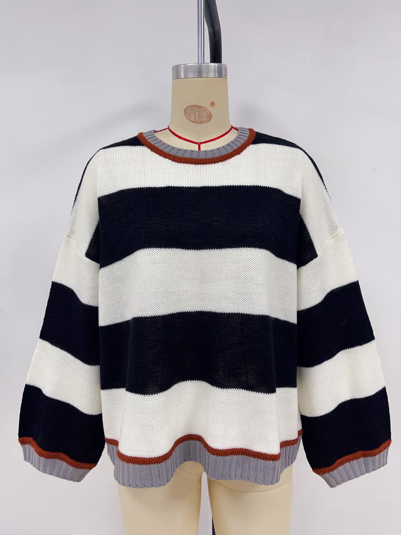 Color-Block Striped Loose Pullover Sweater Women N6H304