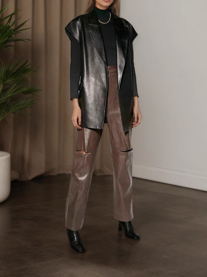 PU Notch Belted Vest Sleeveless Shearling Mid Weight  N5Z620