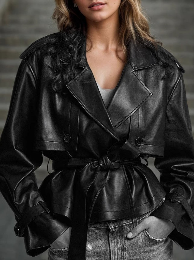 PU Leather Belted Short Jacket Street Style Slim Fit N6G179