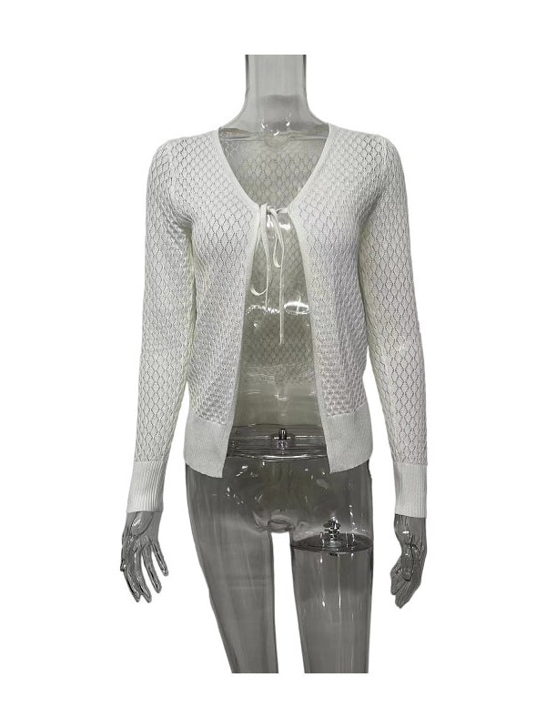 Lace Tie-Front V-Neck Knit Cardigan Women N6D076