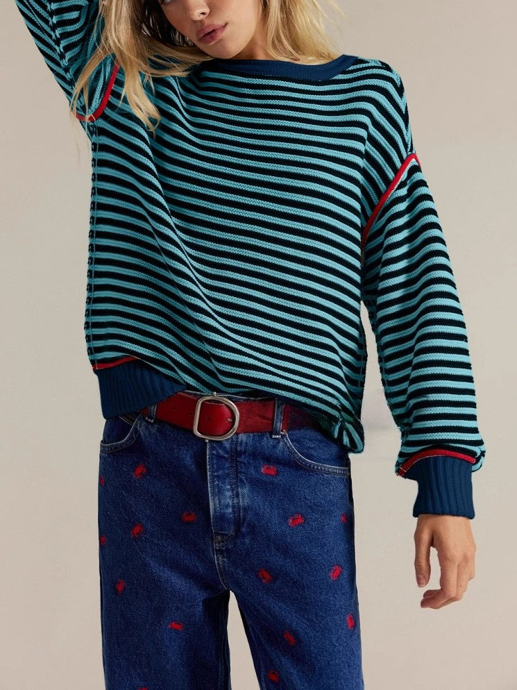 Striped Round Neck Oversized Knit Pullover Women N6G188