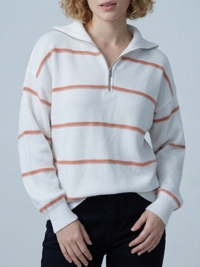 Striped Zip-Up Knit Pullover Women Round Neck N6G180