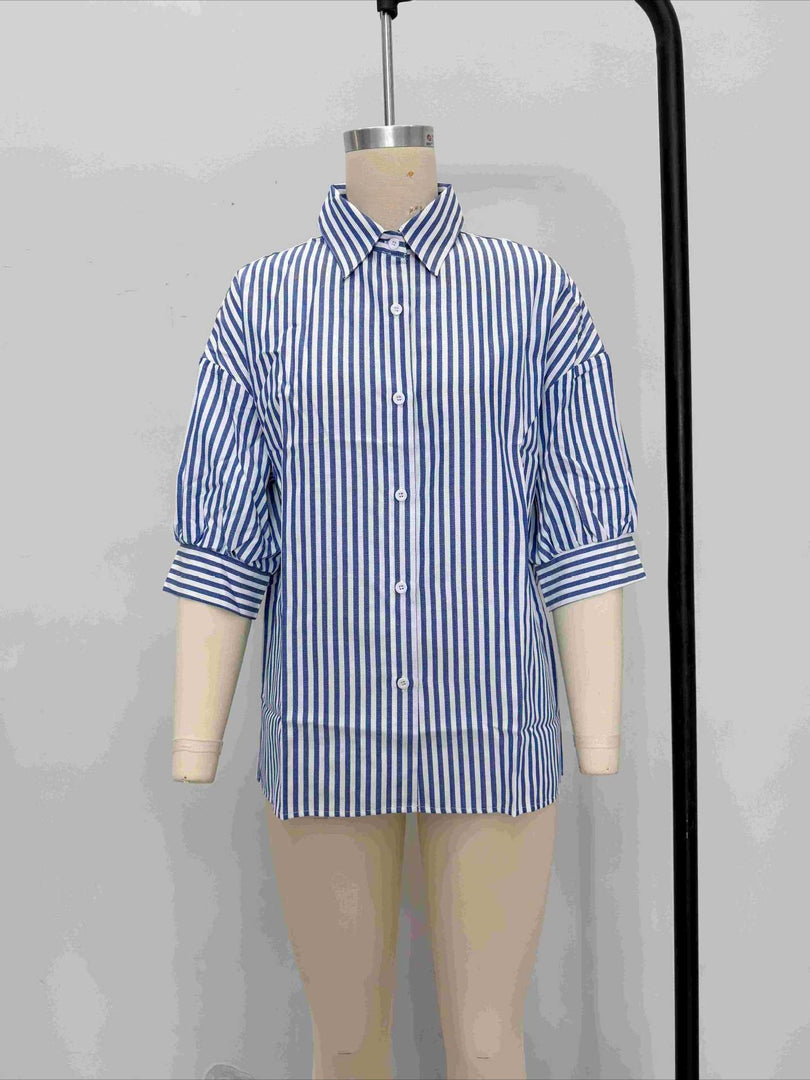 Blue Striped Mid Length Sleeve Blouse Women Vacation N6F229