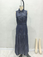 Load image into Gallery viewer, Blue Sleeveless Tie Waist Denim Style Maxi Dress N6F086