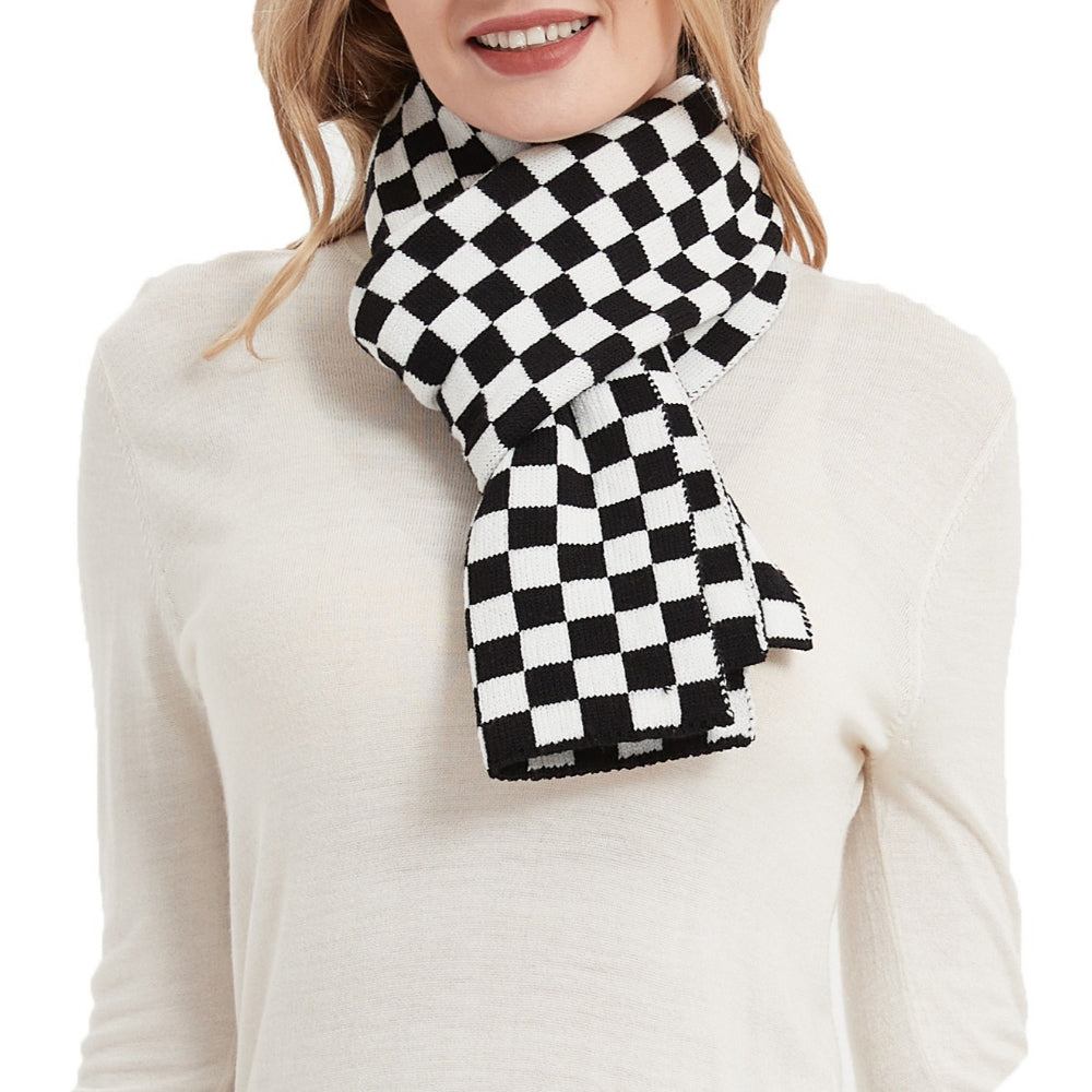 Checkerboard Knit Scarf Women Black Brown N6H250