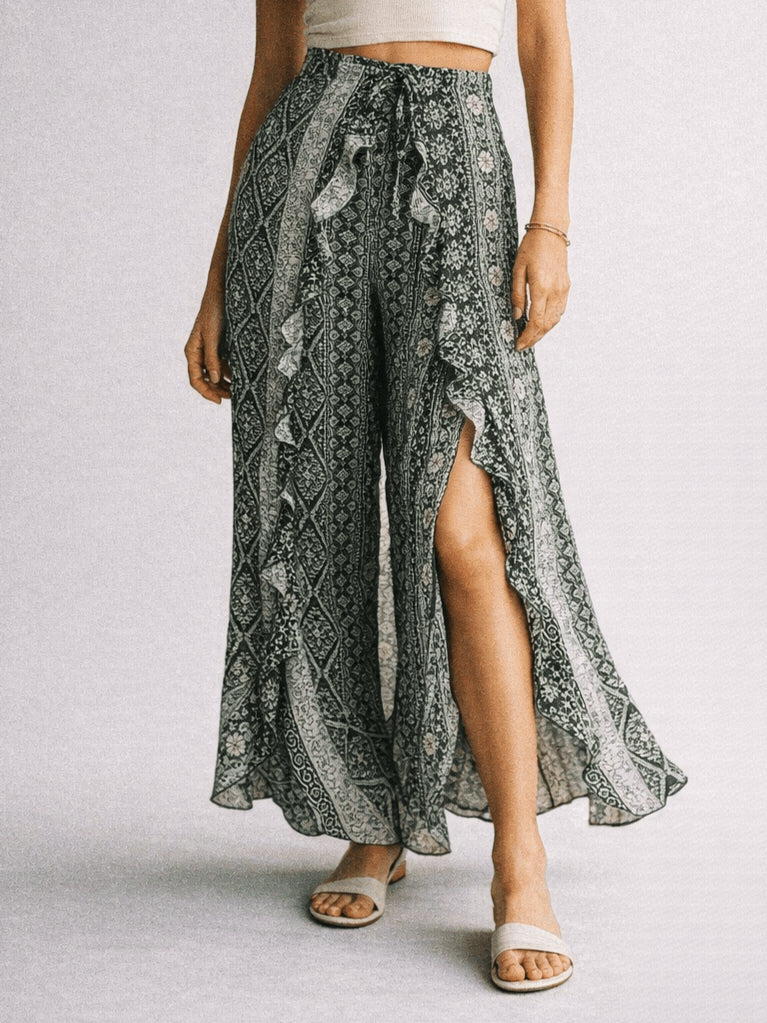 Boho Print Asymmetric Slit Wide Leg Pants Women N6C241