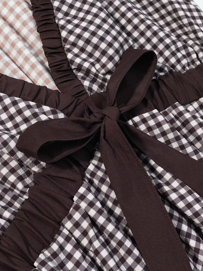 Gingham Balloon Sleeve Bow Tie Blouse Women N6C276