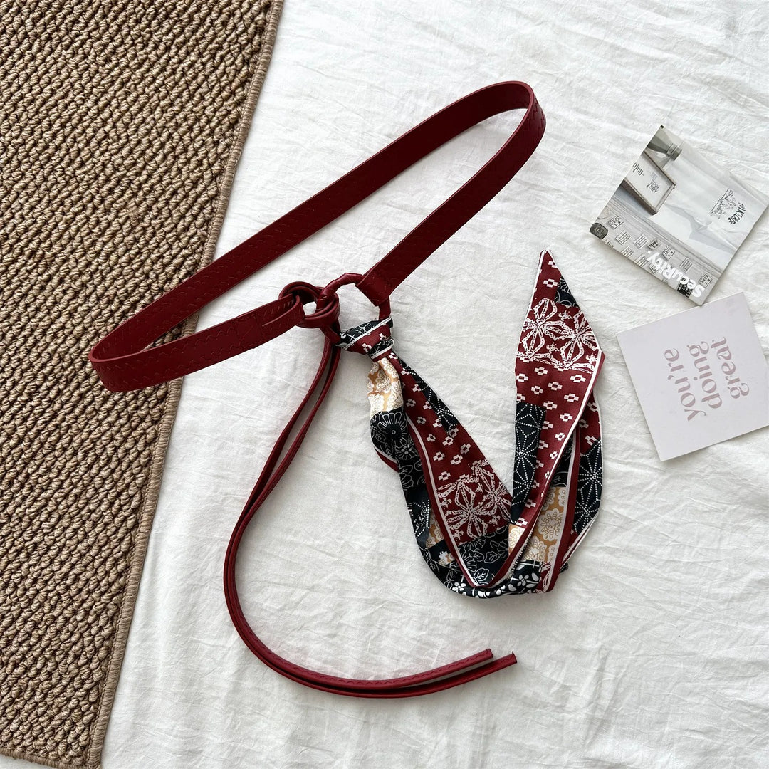 Red Silk Scarf Belt Women Waist Decorative Tie N6H335