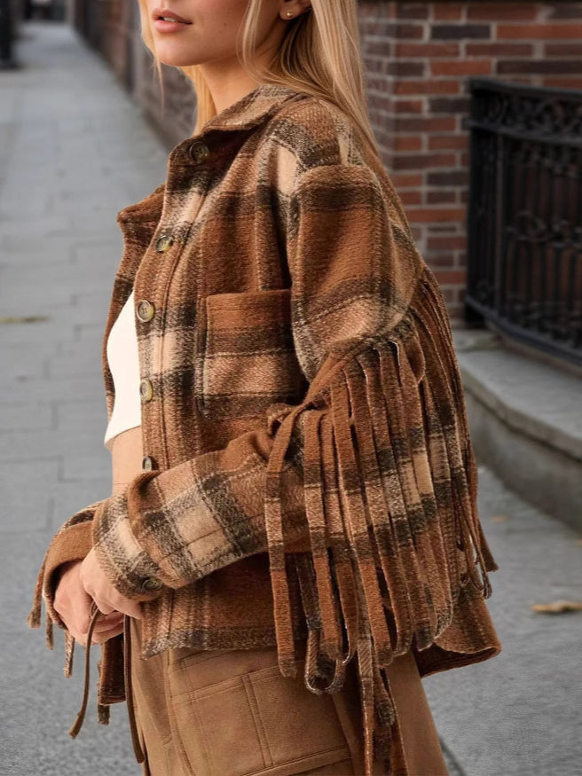 Check Fringe Wool Coat Long Cropped Khaki N5Z588