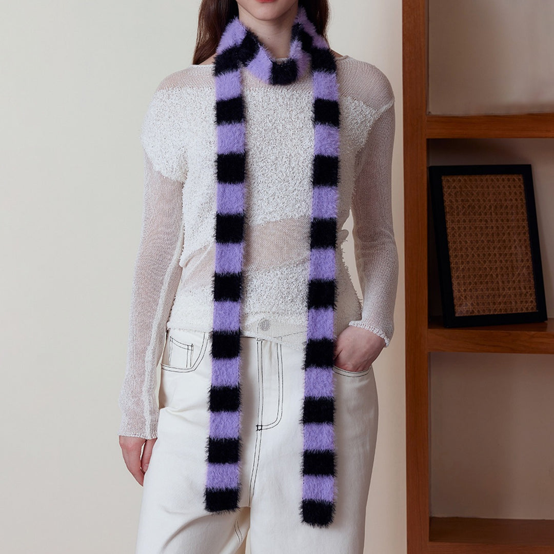 Furry Striped Skinny Knit Scarf Women Autumn N6H251